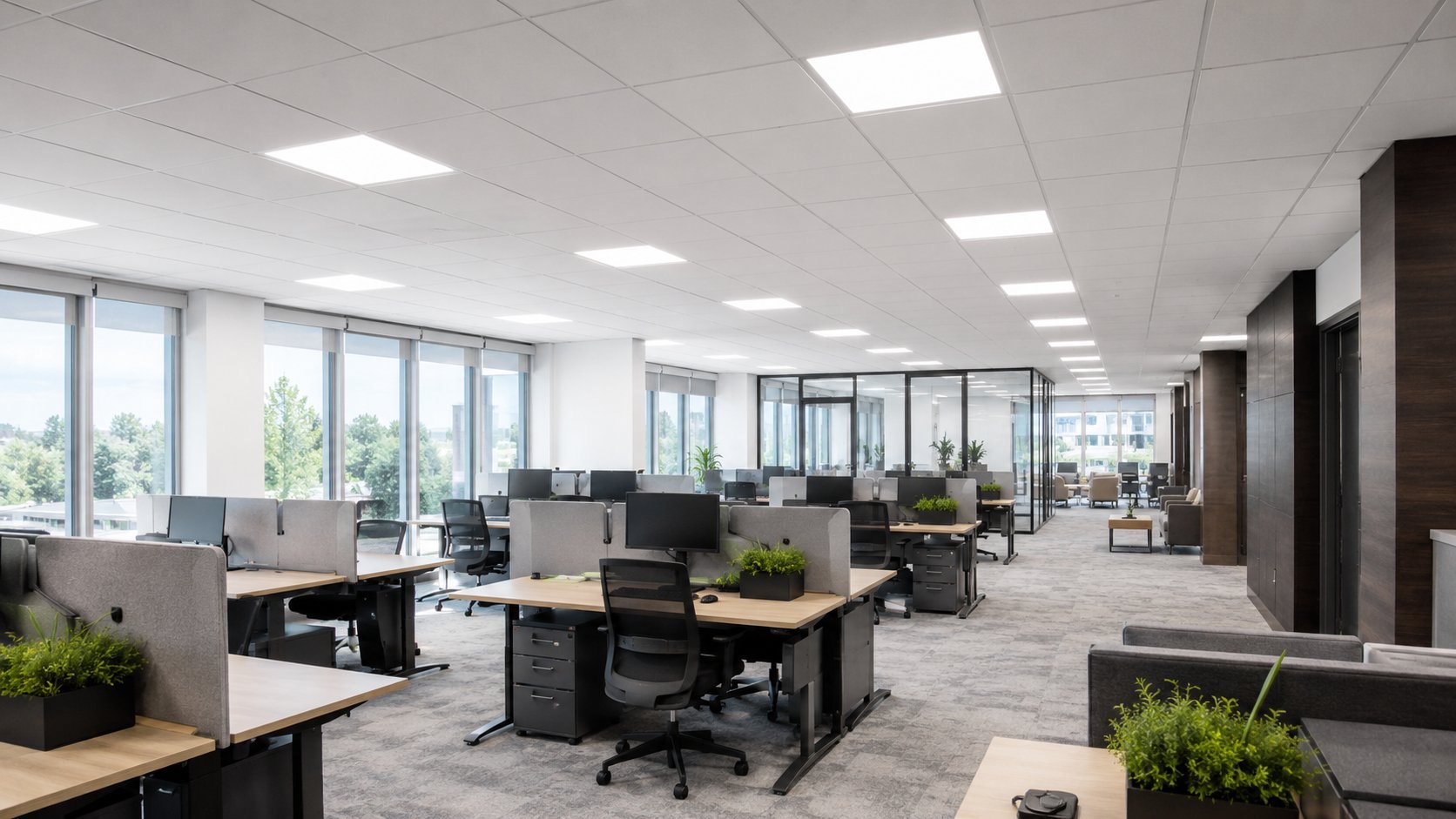 Bright modern open-plan office with LED panel lighting and desks